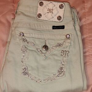 Miss Me Mint Green Skinny Jeans with Intricate Embroidery